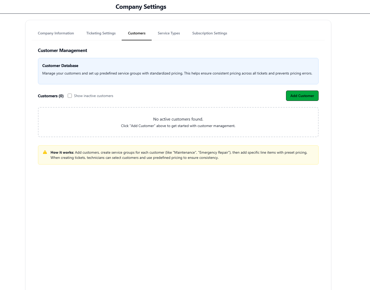 Company Settings. Adding Customers