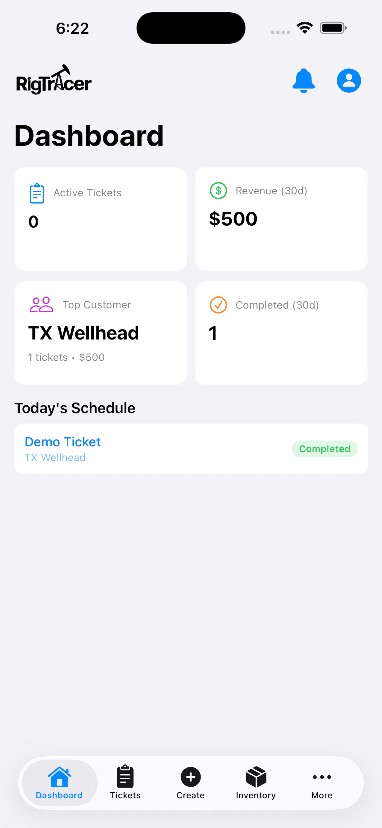 RigTracer mobile app dashboard showing the work queue and ticket status