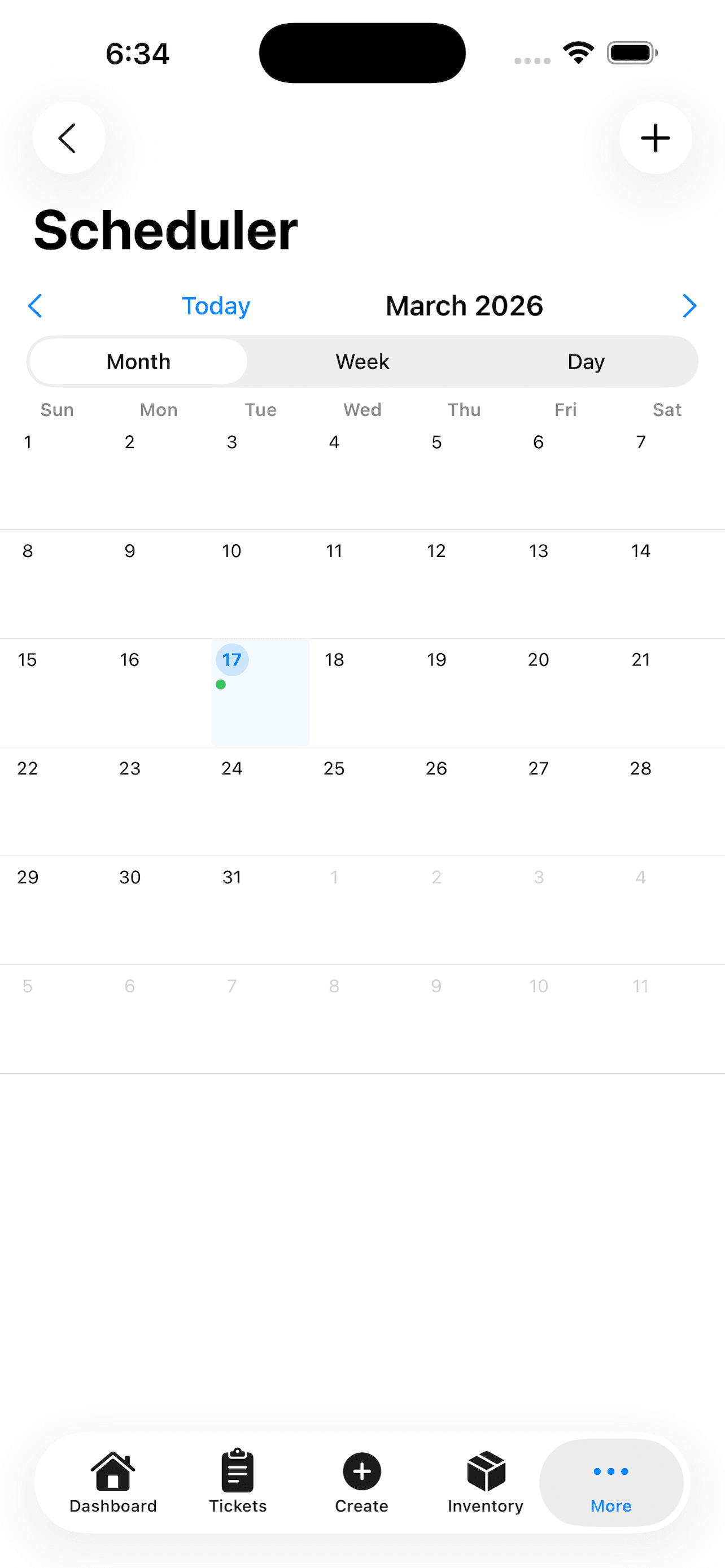 RigTracer mobile app scheduler showing field service work arranged by date
